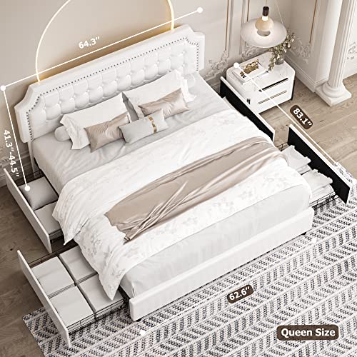 Queen Bed Frame with Storage and Adjustable Headboard, Bed Frame with 4 Drawers and Wooden Slats Support, No Box Spring Needed, Noise-Free, Pu, White