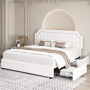 Queen Bed Frame with Storage and Adjustable Headboard, Bed Frame with 4 Drawers and Wooden Slats Support, No Box Spring Needed, Noise-Free, Pu, White