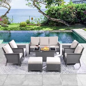 8-piece outdoor patio furniture set with 44″ gas fire pit table, pe wicker patio conversation sets cushioned seat couch outdoor sectional chair sofa set with thick cushions for yard garden porch