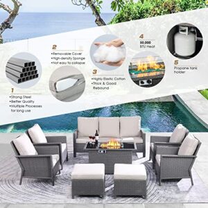 8-Piece Outdoor Patio Furniture Set with 44" Gas Fire Pit Table, PE Wicker Patio Conversation Sets Cushioned Seat Couch Outdoor Sectional Chair Sofa Set with Thick Cushions for Yard Garden Porch