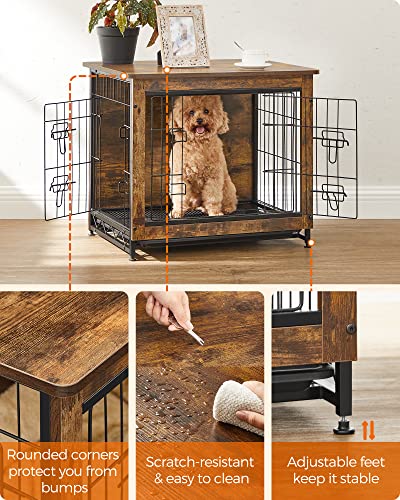 FEANDREA Dog Crate Furniture, Side End Table, Modern Kennel for Dogs Indoor up to 30 lb, Heavy-Duty Dog Cage with Multi-Purpose Removable Tray, Double-Door Dog House, Rustic Brown UPFC001X01