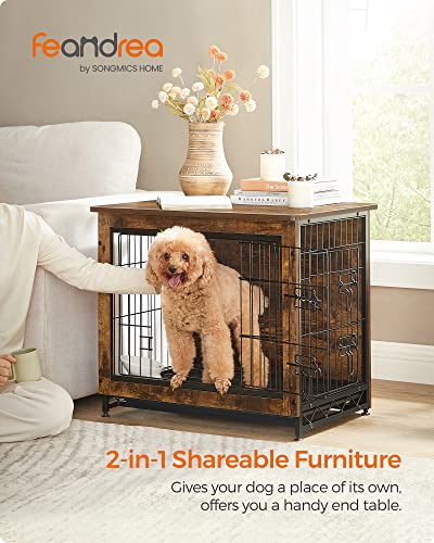 FEANDREA Dog Crate Furniture, Side End Table, Modern Kennel for Dogs Indoor up to 30 lb, Heavy-Duty Dog Cage with Multi-Purpose Removable Tray, Double-Door Dog House, Rustic Brown UPFC001X01