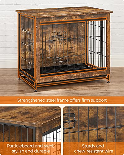 FEANDREA Dog Crate Furniture, Side End Table, Modern Kennel for Dogs Indoor up to 30 lb, Heavy-Duty Dog Cage with Multi-Purpose Removable Tray, Double-Door Dog House, Rustic Brown UPFC001X01