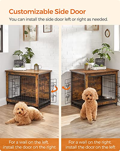 FEANDREA Dog Crate Furniture, Side End Table, Modern Kennel for Dogs Indoor up to 30 lb, Heavy-Duty Dog Cage with Multi-Purpose Removable Tray, Double-Door Dog House, Rustic Brown UPFC001X01