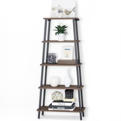 MXARLTR Ladder Bookshelf Tiered Bookcase, Ladder Shelf Wood and Metal Floor Standing Storage Display Narrow Ladder Shelf Bookcase Flower Plant Rack for Living Room Kitchen Bathroom Office, Walnut