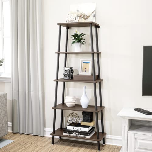 MXARLTR Ladder Bookshelf Tiered Bookcase, Ladder Shelf Wood and Metal Floor Standing Storage Display Narrow Ladder Shelf Bookcase Flower Plant Rack for Living Room Kitchen Bathroom Office, Walnut