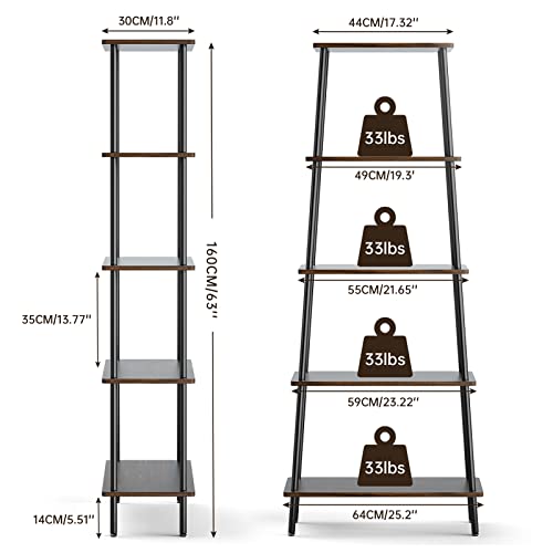 MXARLTR Ladder Bookshelf Tiered Bookcase, Ladder Shelf Wood and Metal Floor Standing Storage Display Narrow Ladder Shelf Bookcase Flower Plant Rack for Living Room Kitchen Bathroom Office, Walnut