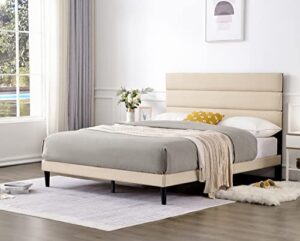 qzhommer upholstered platform bed queen size metal bed frame with headboard and strong wooden slats,non-slip and noise-free,no box spring needed, mattress foundation,easy assembly,beige