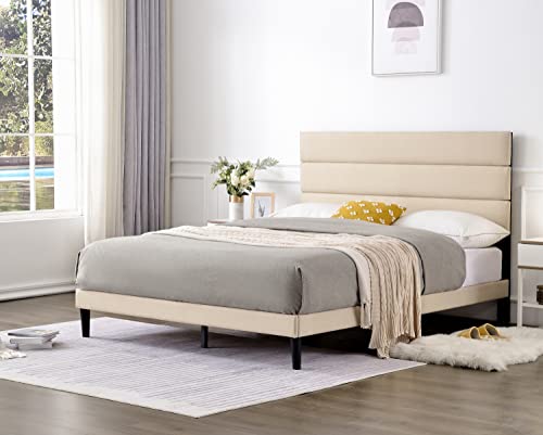 QZhommer Upholstered Platform Bed Queen Size Metal Bed Frame with Headboard and Strong Wooden Slats,Non-Slip and Noise-Free,No Box Spring Needed, Mattress Foundation,Easy Assembly,Beige