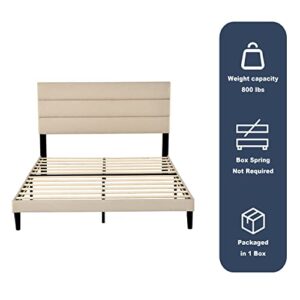 QZhommer Upholstered Platform Bed Queen Size Metal Bed Frame with Headboard and Strong Wooden Slats,Non-Slip and Noise-Free,No Box Spring Needed, Mattress Foundation,Easy Assembly,Beige