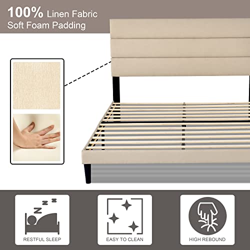 QZhommer Upholstered Platform Bed Queen Size Metal Bed Frame with Headboard and Strong Wooden Slats,Non-Slip and Noise-Free,No Box Spring Needed, Mattress Foundation,Easy Assembly,Beige