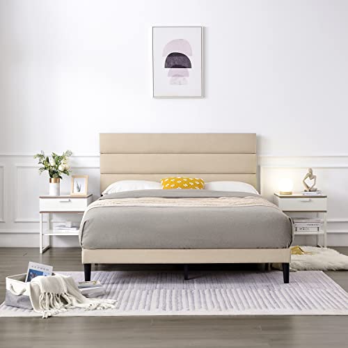 QZhommer Upholstered Platform Bed Queen Size Metal Bed Frame with Headboard and Strong Wooden Slats,Non-Slip and Noise-Free,No Box Spring Needed, Mattress Foundation,Easy Assembly,Beige