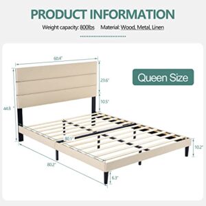 QZhommer Upholstered Platform Bed Queen Size Metal Bed Frame with Headboard and Strong Wooden Slats,Non-Slip and Noise-Free,No Box Spring Needed, Mattress Foundation,Easy Assembly,Beige