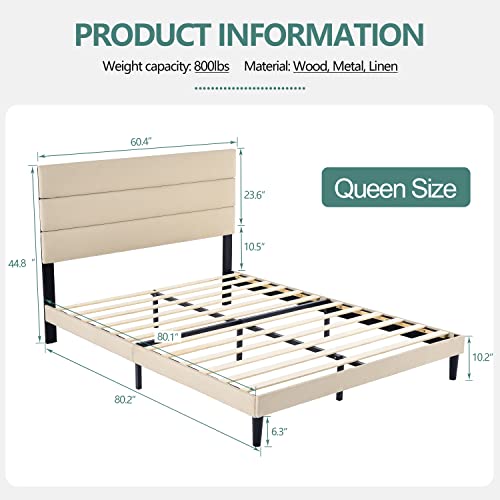 QZhommer Upholstered Platform Bed Queen Size Metal Bed Frame with Headboard and Strong Wooden Slats,Non-Slip and Noise-Free,No Box Spring Needed, Mattress Foundation,Easy Assembly,Beige