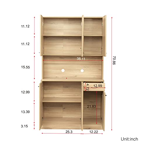 71" Kitchen Pantry Cabinet, Freestanding Floor Cabinet with 6-Doors & Microwave Stand, Sideboard Buffet Cabinet Hutch Cupboard, Tall Storage Cabinet for Kitchen, Dinning Room, Living Room (Oak)