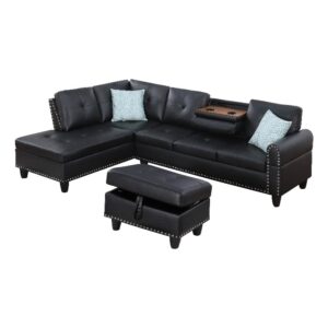 devion furniture faux leather sectional sofa with ottoman in black (pillows included)