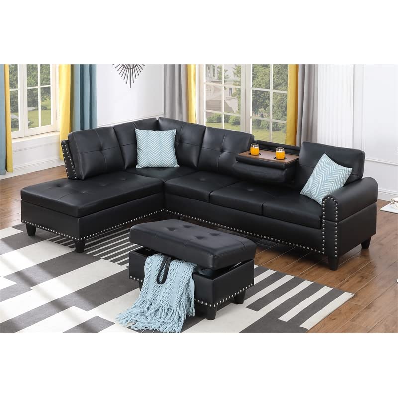 Devion Furniture Faux Leather Sectional Sofa with Ottoman in Black (Pillows Included)