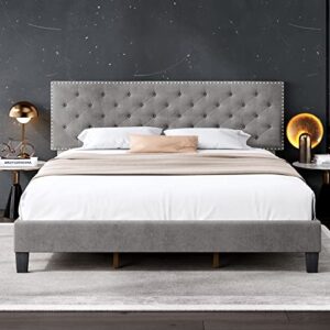 hostack king size bed frame, modern upholstered platform bed with adjustable headboard, heavy duty button tufted bed frame with wood slat support, easy assembly, no box spring needed (grey, king)