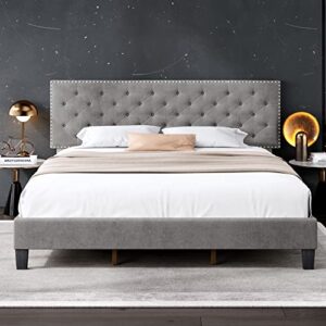 HOSTACK King Size Bed Frame, Modern Upholstered Platform Bed with Adjustable Headboard, Heavy Duty Button Tufted Bed Frame with Wood Slat Support, Easy Assembly, No Box Spring Needed (Grey, King)