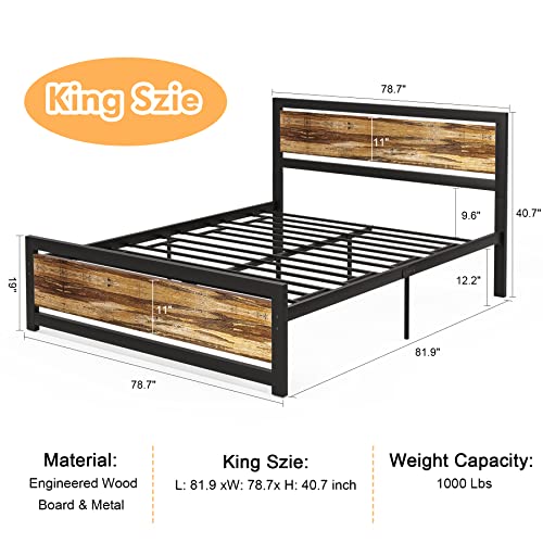 Aqgrj King Bed Frame, Platform Bed Frame King Size with Wood Headboard and 12 Strong Metal Supports,Easy Assembly, Noise-Free No Box Spring Needed