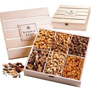 nut gift basket, in reusable wooden crate, healthy gift option, gourmet snack food box, with unique flavors, great for easter, mom, dad, feel better, sympathy & birthday- bonnie & pop