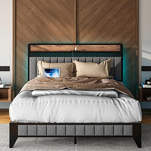 Saudism Queen Size Bed Frame With Charging Station, Bed Frame With Led Lights, Queen Platform Bed Frame With Soft Storage Headboard, Sturdy and Durable, No Box Spring Needed, Rustic Wood + Steel, Grey