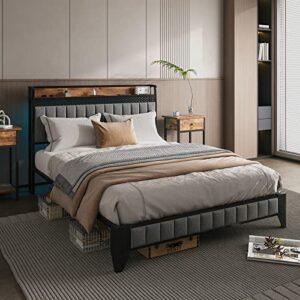 Saudism Queen Size Bed Frame With Charging Station, Bed Frame With Led Lights, Queen Platform Bed Frame With Soft Storage Headboard, Sturdy and Durable, No Box Spring Needed, Rustic Wood + Steel, Grey