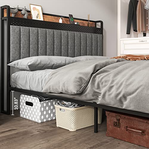 Saudism Queen Size Bed Frame With Charging Station, Bed Frame With Led Lights, Queen Platform Bed Frame With Soft Storage Headboard, Sturdy and Durable, No Box Spring Needed, Rustic Wood + Steel, Grey