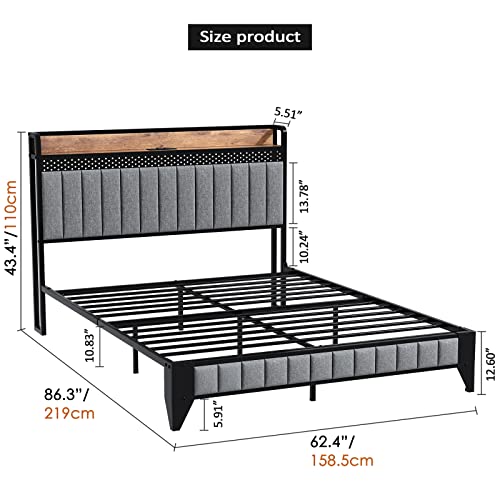 Saudism Queen Size Bed Frame With Charging Station, Bed Frame With Led Lights, Queen Platform Bed Frame With Soft Storage Headboard, Sturdy and Durable, No Box Spring Needed, Rustic Wood + Steel, Grey