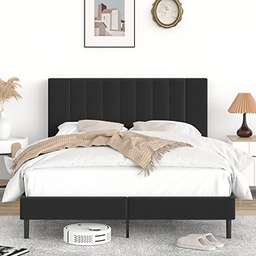 Flolinda Queen Size Bed Frame and Headboard, Velvet Upholstered Tufted Bed Frame Queen, Heavy Duty Metal Mattress Foundation with Sprung Slats, Queen Bed Frame No Box Spring Needed, Easy Assembly