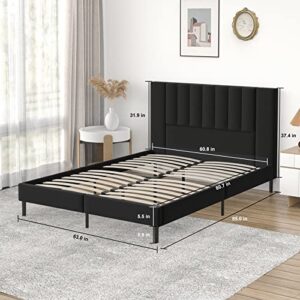 Flolinda Queen Size Bed Frame and Headboard, Velvet Upholstered Tufted Bed Frame Queen, Heavy Duty Metal Mattress Foundation with Sprung Slats, Queen Bed Frame No Box Spring Needed, Easy Assembly