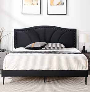 askmore queen size bed frame,velvet upholstered platform bed with decorative line & nailhead trim headboard with wood slat support,no box spring needed，easy assembly, black