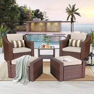 SOLAURA 5 Piece Patio Conversation Set Outdoor Furniture Set, Brown Wicker Lounge Chair with Ottoman Footrest, W/Coffee Table & Cushions (Beige) for Garden, Patio, Balcony, Deck