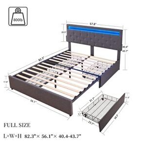 Alohappy Full Size Bed Frame with 4 Drawers, LED Bed Frame with 2 USB Ports and Adjustable Upholstered Headboard, Mattress Foundation with Wooden Slats Support, No Box Spring Needed, Dark Grey