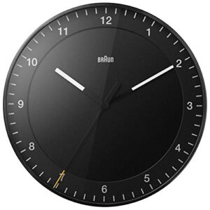 braun classic large analogue wall clock with silent sweep movement, easy to read, 30cm diameter in black, model bc17b.