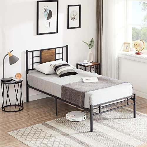 VECELO Twin Size Bed Frame with Wood Headborad, Mattress Foundation, Metal Platform with Steel Slats Support, No Box Spring Needed, Matte Black