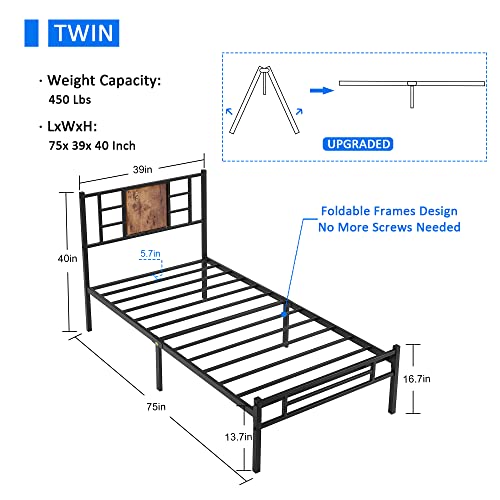 VECELO Twin Size Bed Frame with Wood Headborad, Mattress Foundation, Metal Platform with Steel Slats Support, No Box Spring Needed, Matte Black