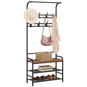 amyove coat rack shoe bench, 3-in-1 hall tree shoe rack for entryway, 3-tier storage shelf and 8 hooks removable, industrial accent furniture with steel frame, multifunctional hallway organizer