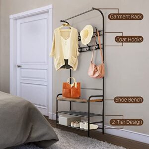 Amyove Coat Rack Shoe Bench, 3-in-1 Hall Tree Shoe Rack for Entryway, 3-Tier Storage Shelf and 8 Hooks Removable, Industrial Accent Furniture with Steel Frame, Multifunctional Hallway Organizer