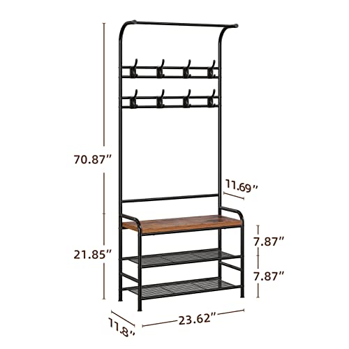 Amyove Coat Rack Shoe Bench, 3-in-1 Hall Tree Shoe Rack for Entryway, 3-Tier Storage Shelf and 8 Hooks Removable, Industrial Accent Furniture with Steel Frame, Multifunctional Hallway Organizer