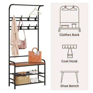 Amyove Coat Rack Shoe Bench, 3-in-1 Hall Tree Shoe Rack for Entryway, 3-Tier Storage Shelf and 8 Hooks Removable, Industrial Accent Furniture with Steel Frame, Multifunctional Hallway Organizer