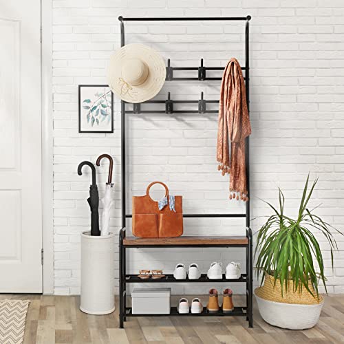 Amyove Coat Rack Shoe Bench, 3-in-1 Hall Tree Shoe Rack for Entryway, 3-Tier Storage Shelf and 8 Hooks Removable, Industrial Accent Furniture with Steel Frame, Multifunctional Hallway Organizer