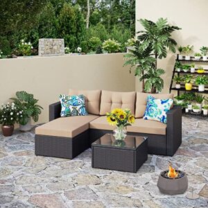 phi villa 77″ wide outdoor rattan sectional sofa with cushions – small patio wicker furniture set (3 – person seating group, beige) tabletop fire pit included