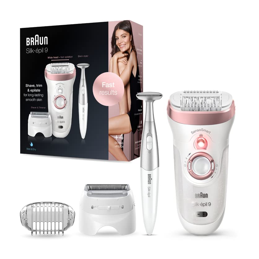 Braun Silk-épil 9 9-890 Facial Hair Removal for Women, Bikini Trimmer, Womens Shaver Wet & Dry, Cordless and 7 extras