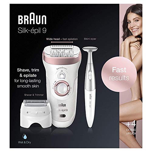 Braun Silk-épil 9 9-890 Facial Hair Removal for Women, Bikini Trimmer, Womens Shaver Wet & Dry, Cordless and 7 extras