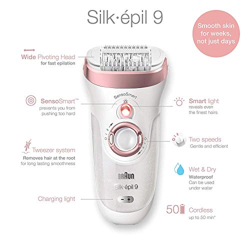 Braun Silk-épil 9 9-890 Facial Hair Removal for Women, Bikini Trimmer, Womens Shaver Wet & Dry, Cordless and 7 extras