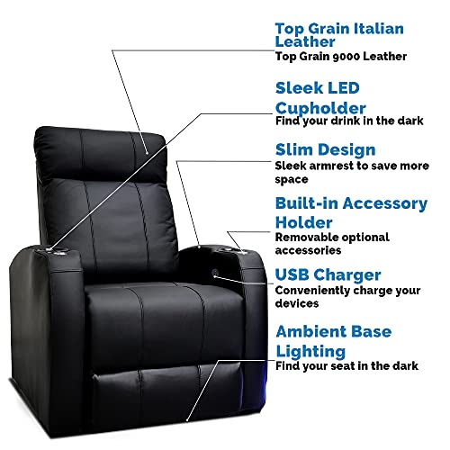 Valencia Syracuse Home Theater Seating | Premium Top Grain Nappa 9000 Leather, Power Recliner, LED Lighting (Row of 4, Black)