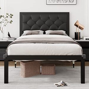 ipormis twin size metal bed frame with faux leather button tufted headboard, 12″ underbed storage, steel slats support, noise free, easy assembly, no box spring needed, black