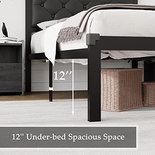 iPormis Twin Size Metal Bed Frame with Faux Leather Button Tufted Headboard, 12" Underbed Storage, Steel Slats Support, Noise Free, Easy Assembly, No Box Spring Needed, Black