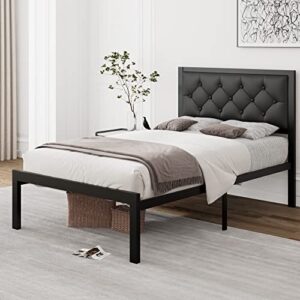 iPormis Twin Size Metal Bed Frame with Faux Leather Button Tufted Headboard, 12" Underbed Storage, Steel Slats Support, Noise Free, Easy Assembly, No Box Spring Needed, Black
